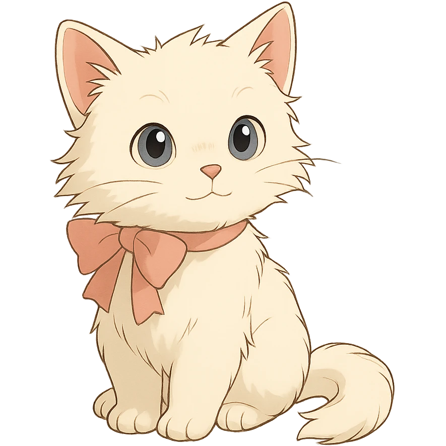 Remove the background, keep only the cute fluffy white kitten with a light pink bow in ghibli style with transparent background. emoji