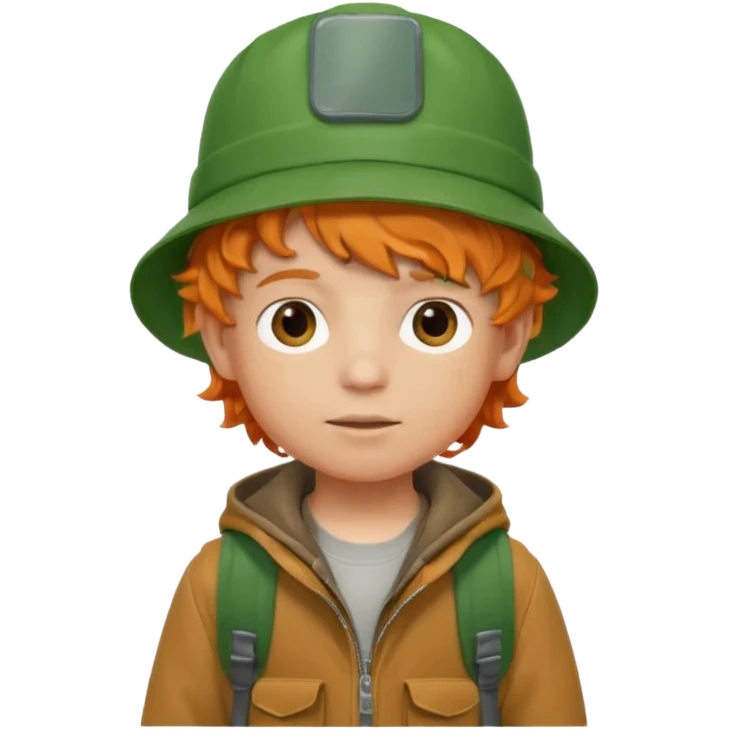 A little boy student curly orange hair, with green bucket hat, brown jacket, backpack emoji