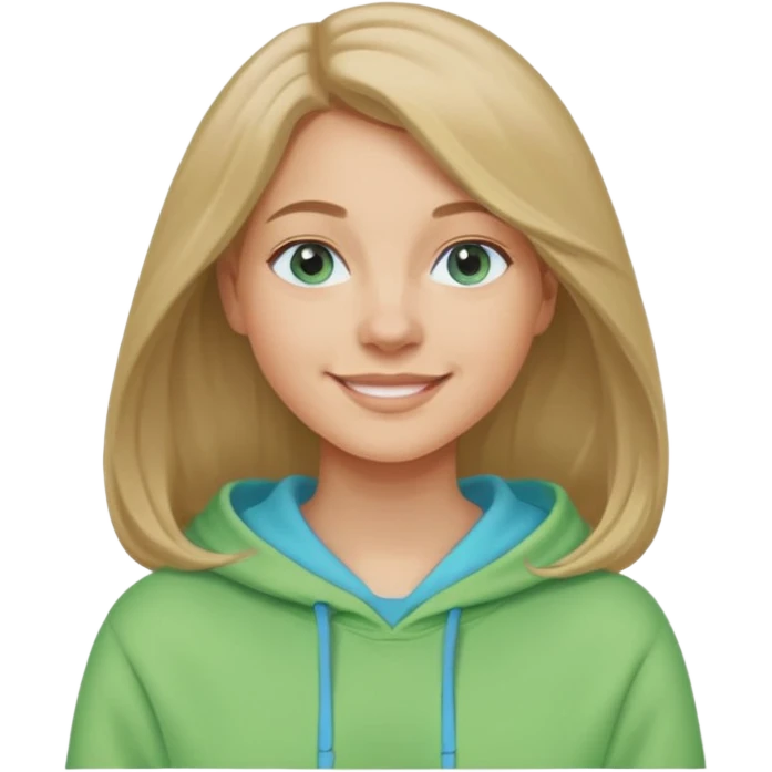 A woman with light skin, longer shoulder-length dark blonde hair, blue eyes, smiling face, wearing a pastel green hoodie. The emoji should be in Apple-style, minimalistic, colorful, and round-faced. Show only the face or bust (not full body). emoji