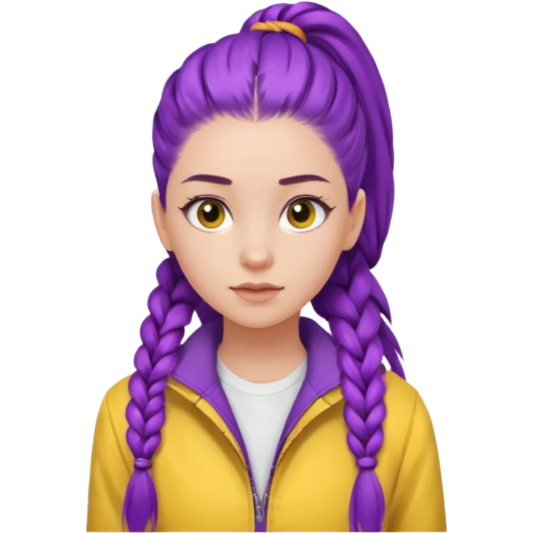 a beautiful girl face, long purple high pony single braided hair from the forehead, wearing a white shirt and a yellow jacket emoji