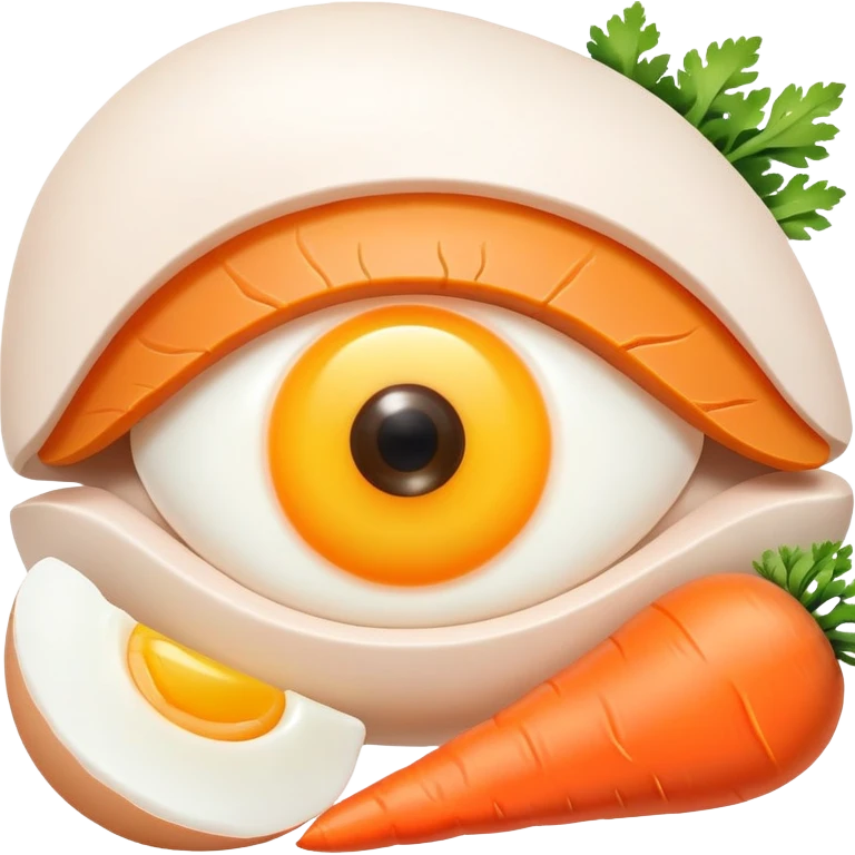 Carrot, chicken, and egg yolk surrounding a simple eye symbol and a small patch of glowing healthy skin. Gentle rays connect the foods to the eye and skin, showing vitamin A's role in vision and skin health. emoji