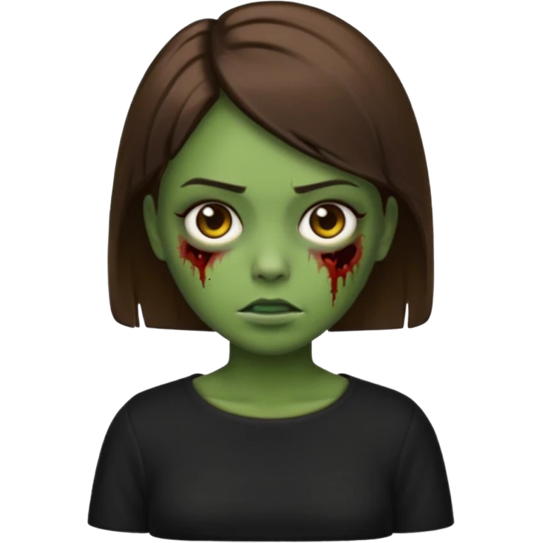 Zombie girl emoji verde um pouco escuro com cabelo curto liso castanho no ombro com uma blusa preta emoji