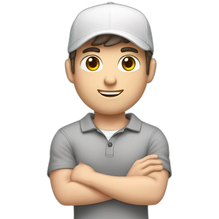Pale skinned fit Man with dark brown hair in a white cap, gray jeans and gray polo T-shirt keeping a pasted with tape box into his hands emoji