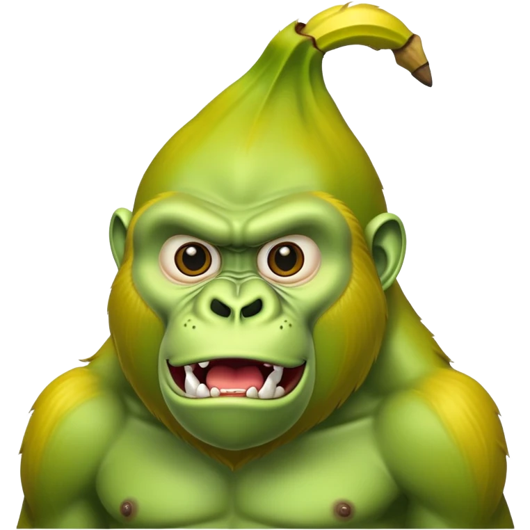 A ripe yellow banana with the head of a bright green gorilla with a fierce expression emoji