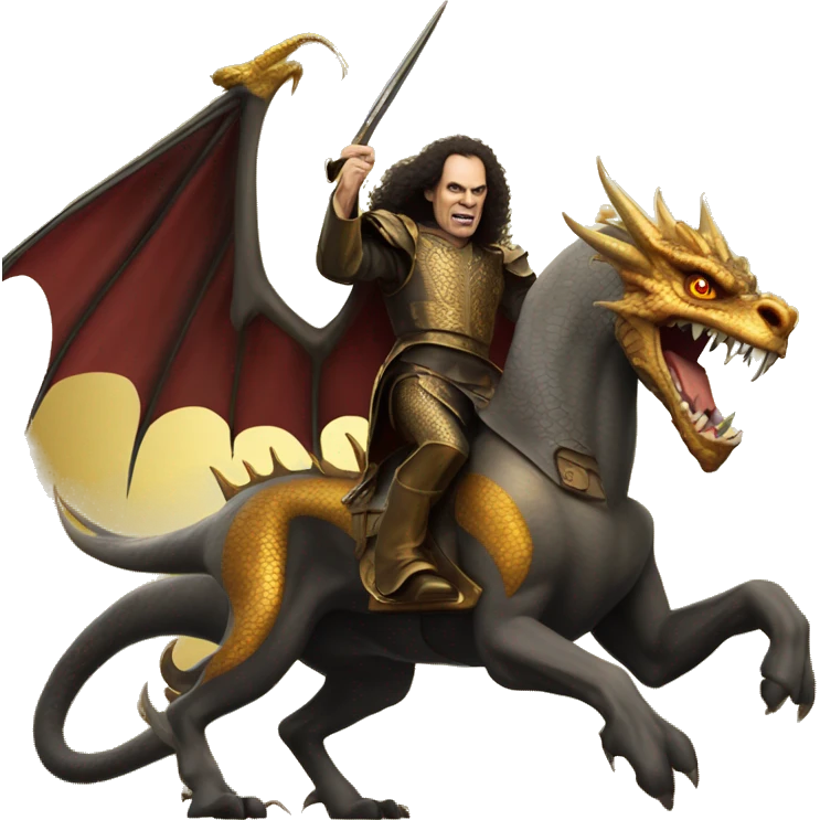 Ronnie james dio with medieval looks riding a golden dragon emoji