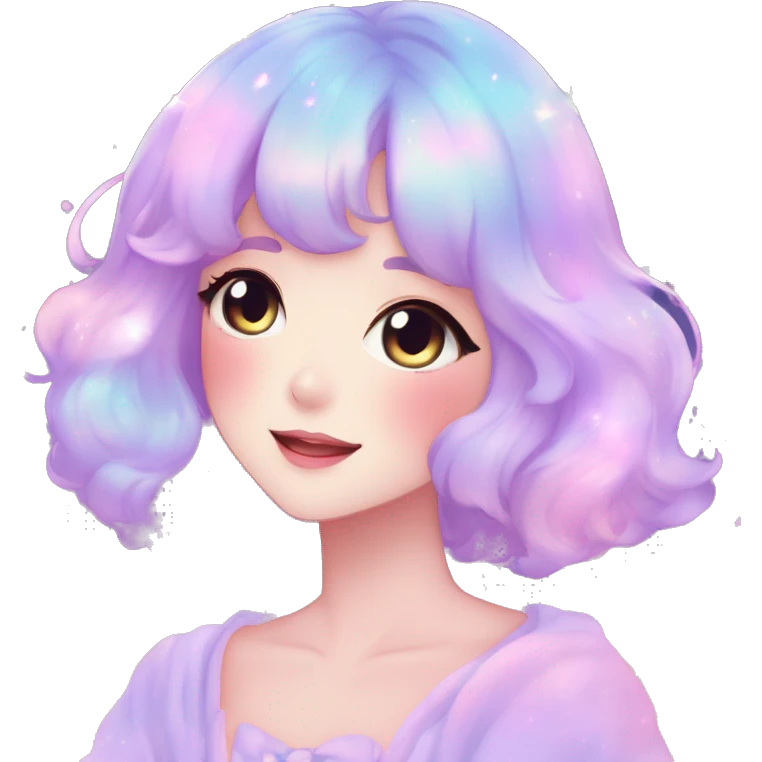 Gorgeous pastel anime style lady blushing nebula-gradient-sparkle face dreamy idol model colorful shiny stars galaxy kawaii cottagecore pearly petite simplistic aesthetic trending style emoji