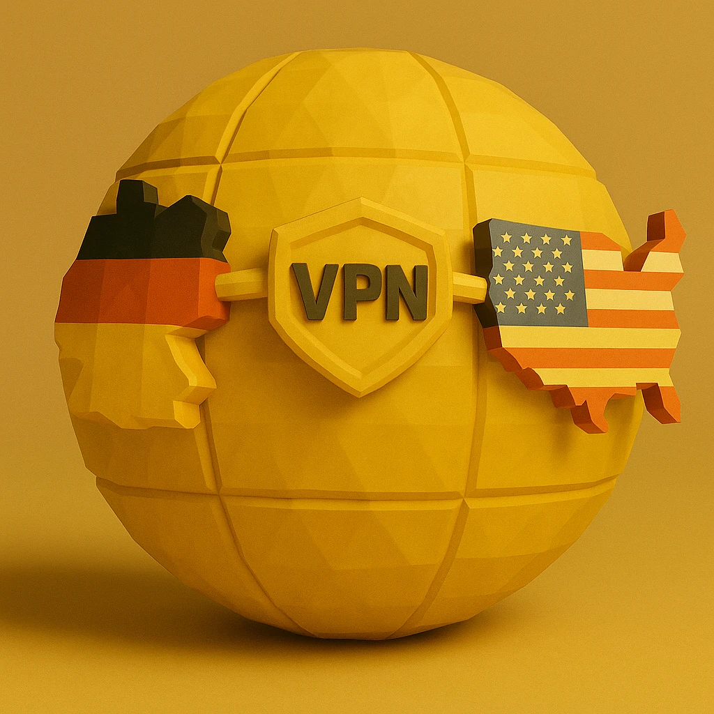 Edit the playful 3D globe with VPN and a connection between Germany and USA to have a yellow color scheme with realistic shading and depth, maintaining the playful and 3D low poly style. emoji