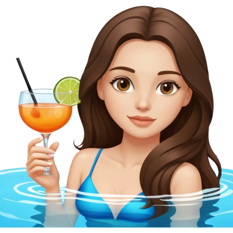 beautiful pale brunette girl with long hair relaxing in the pool with a cocktail  emoji