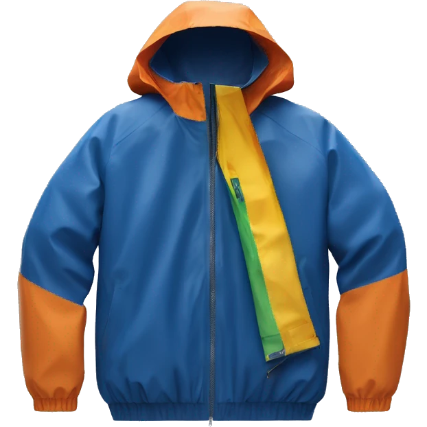 A blue K-way waterproof jacket with a colorful central zip in white, dark blue, orange and yellow (just the zip) under the rain emoji