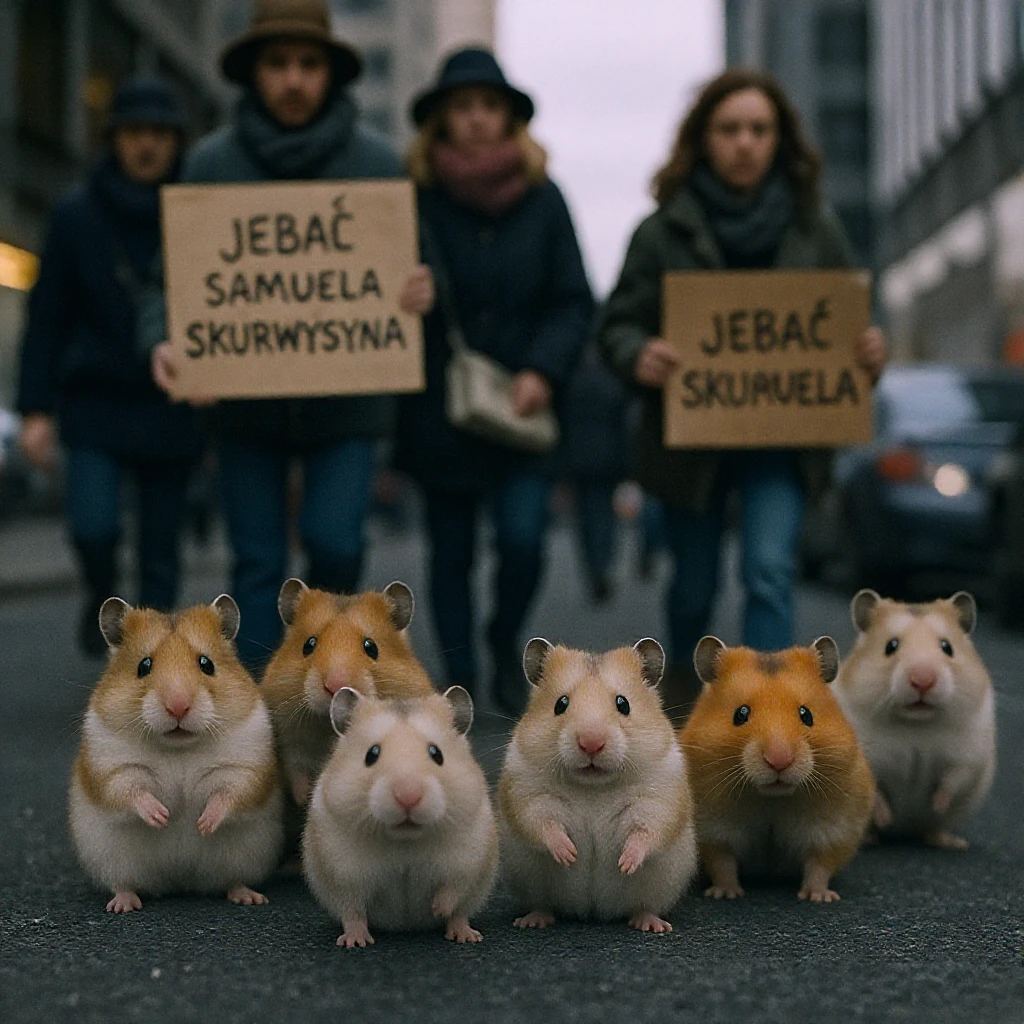 Cinematic shot of a group of hamsters takes over polish sejm. some of them has signs with "jebać samuela skurwysyna". emoji