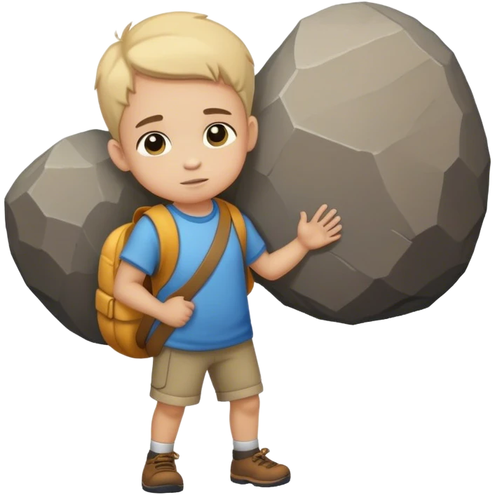 A statue child  carrying a large rock on his shoulders. Real 3D image emoji