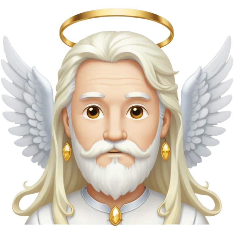 Wise deity with white angel wings, long white hair, beard and mustache, wearing gold drop earrings, heavenly appearance emoji