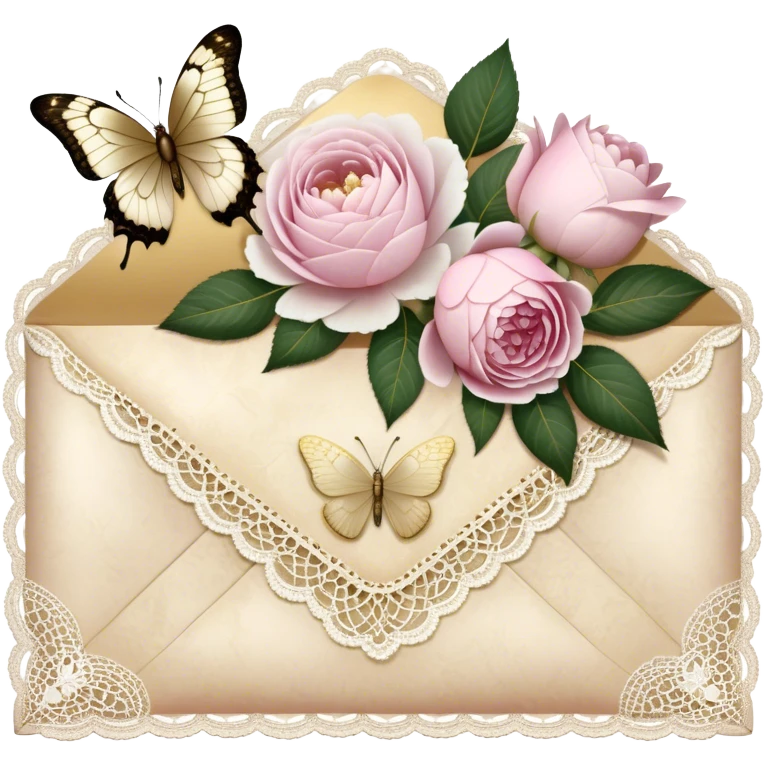 A delicate still life of an aged love letter sealed with golden wax, placed on a vintage lace doily, accompanied by a bouquet of pale pink roses and white peonies, with a shimmering pearl butterfly resting on the envelope. emoji
