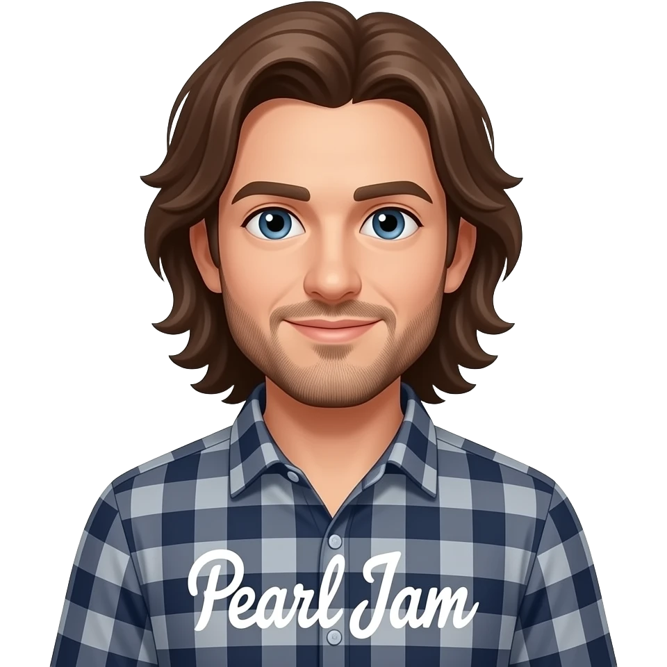 man with long brown hair, checkered shirt logo "pearl jam" on shirt emoji