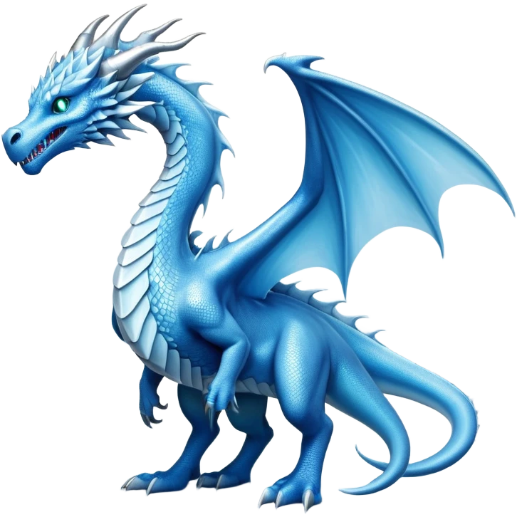Cinematic Noble very elegant Ice Dragon full body  Emoji, Poised and imposing, distinct long elegant snout, with a slender, scaled body shimmering in glacial hues of icy blue, frostbitten silver, and crystalline white, breathing out frost, with piercing, glowing ice blue white eyes that radiate the chilling depths of an arctic storm; rendered in detail. excuding wisdom emoji