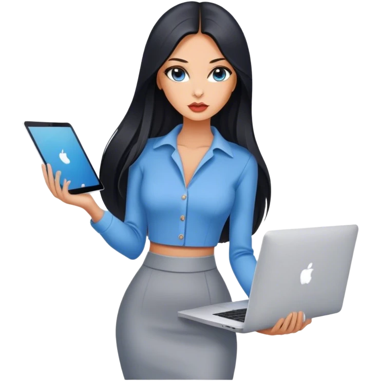 Glamours tanned very beautiful girl with pump peach nude lips and black straight smooth long hair, blue-grey eyes in beautiful clothing stading with MacBook emoji