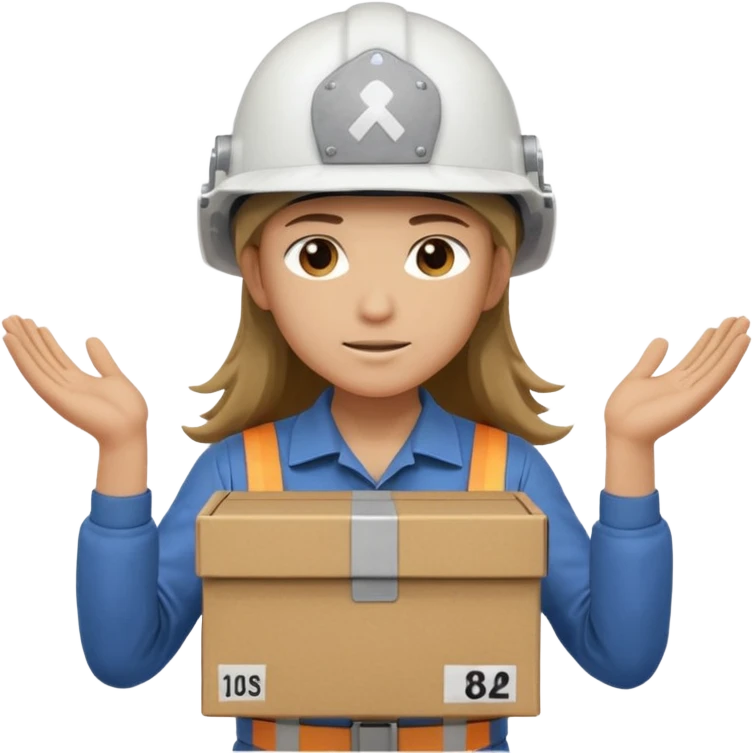 Tengo que dar una capacitacion de orgonomia, necesito un emoji de un operario con pelo largo y casco blanco de manga larga que levante una caja cerrada con las dos manos a la altura de los hombros y que tenga cara de esfuerzo fisico. Que no este saludando, las dos manos sosteniendo la caja.  emoji