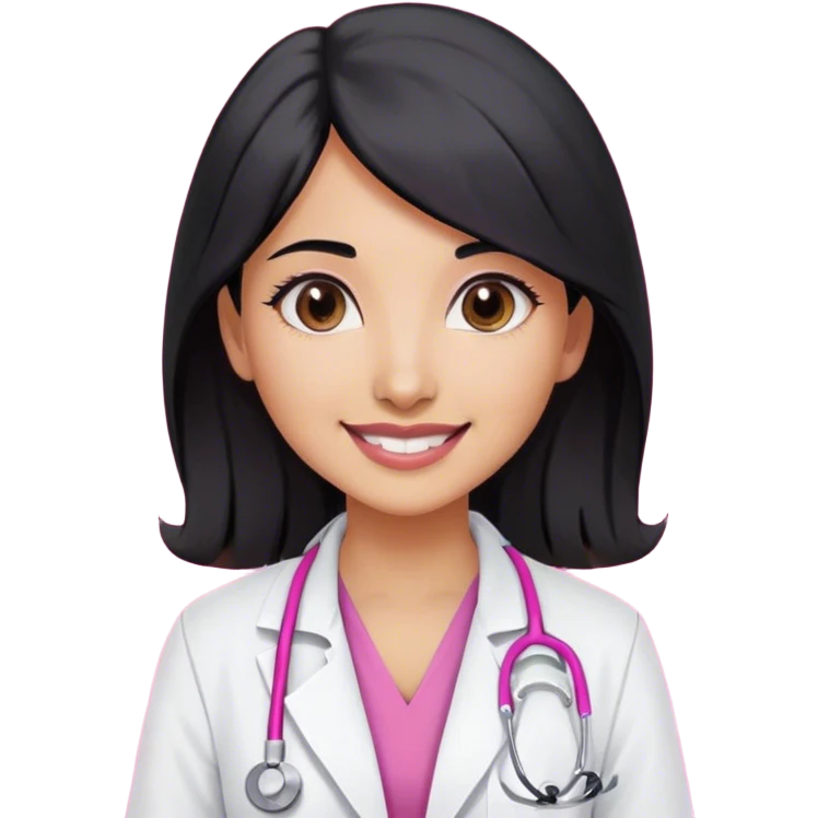 A indian female doctor with black hair , doe eyes smiling a little , wearing white lab coat over dark pink scrubs and properly drawn stethoscope  emoji