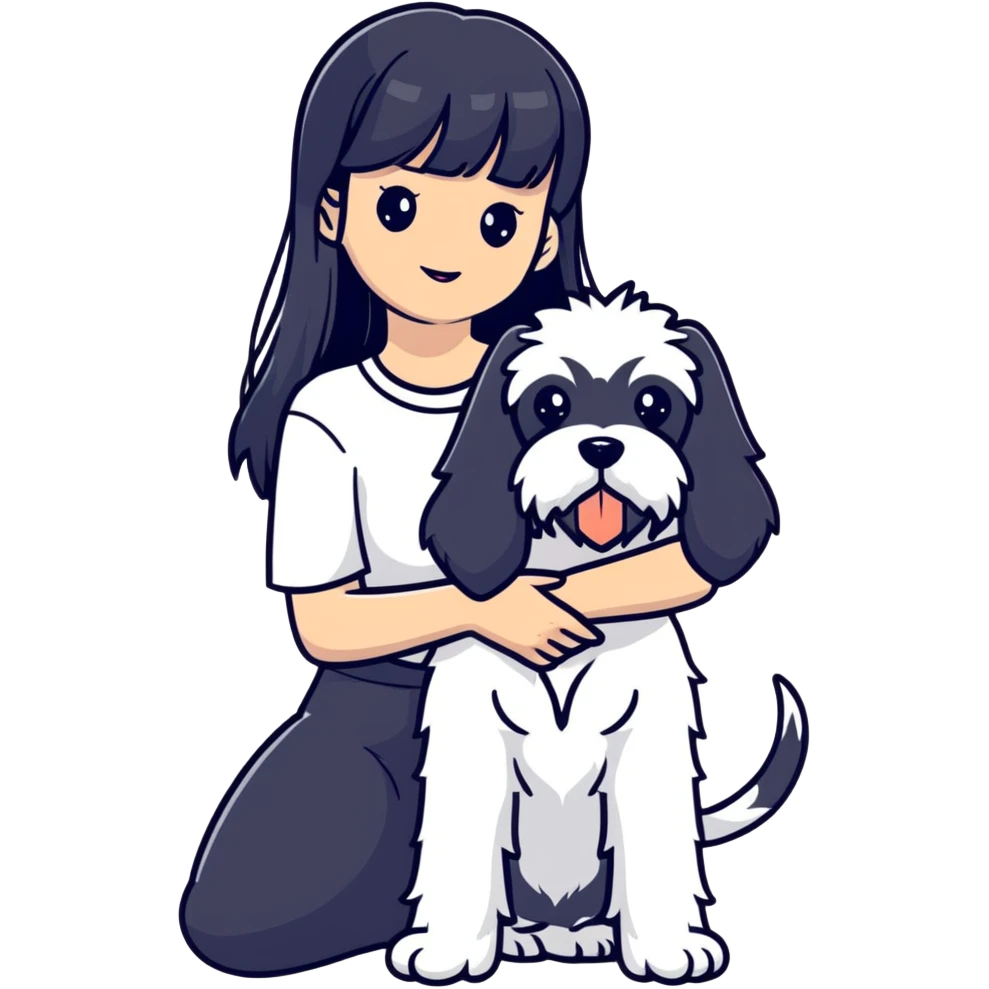 Girl with long black hair and bangs holding a white schnauzer dog emoji