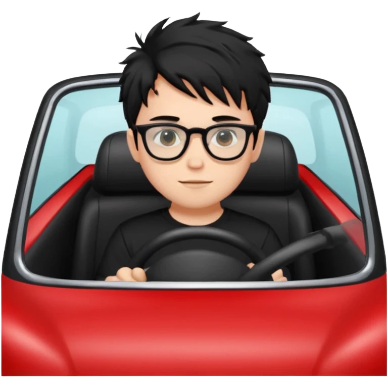 generate a pretty bratz fair skinned boy with black messy hair wearing a black tshirt driving a red car. Glasses on.  emoji