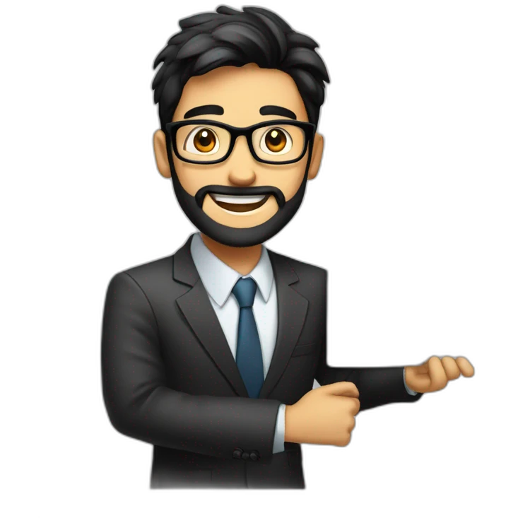 a boy with specs in business suit black hairs with lite beard and looking excited with a board written on it Nyatrend.in emoji