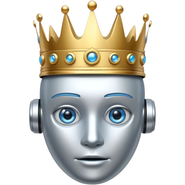 silver robot with blue eyes with golden crown emoji