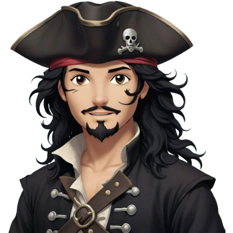 A charismatic pirate with wavy black hair that falls just past his shoulders, tousled slightly by the sea breeze. He wears a black tricorn hat with subtle silver embroidery along the edges, casting a shadow over his sharp, confident features. His piercing dark eyes glint with mischief as he gazes to the side, a knowing smile playing at his lips. His well-fitted black coat, adorned with polished silver buttons and intricate stitching, moves slightly with the wind, revealing glimpses of a deep-crimson waistcoat underneath. A silver chain dangles from his belt, catching the dim golden light of the setting sun. His posture is relaxed yet assured, exuding effortless charm as if he owns the sea itself. emoji