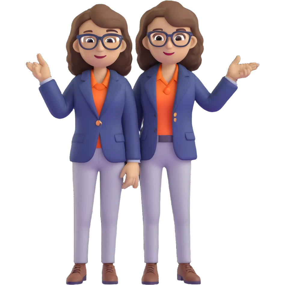 Economics professional mascot character with shoulder-length wavy brown hair, stylish glasses, navy blazer, pointing at economic symbols, full body view emoji