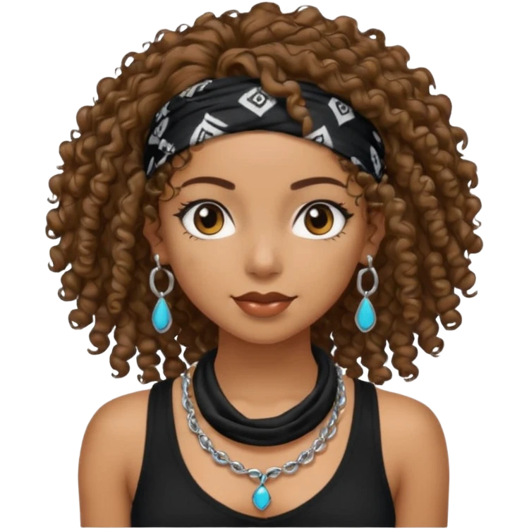 Baddie girl with black  tank top curly hairss and bandana and jwellery emoji