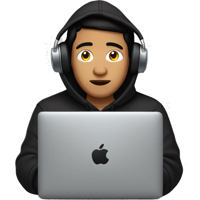 A Filipino Guy wear a black hoodie and ear pods with a Mac Book laptop in front of his face. emoji