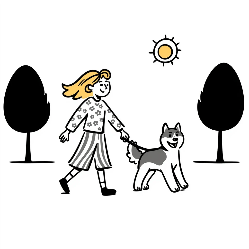 Blonde woman walking a happy Siberian husky  emoji