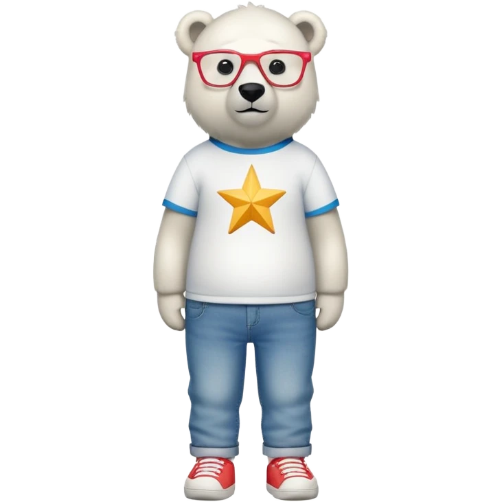 friendly anthropomorphised polar bear standing upright, looking chilled and unbothered, wearing a shirt, jeans, trainers, oversized colorful star glasses emoji