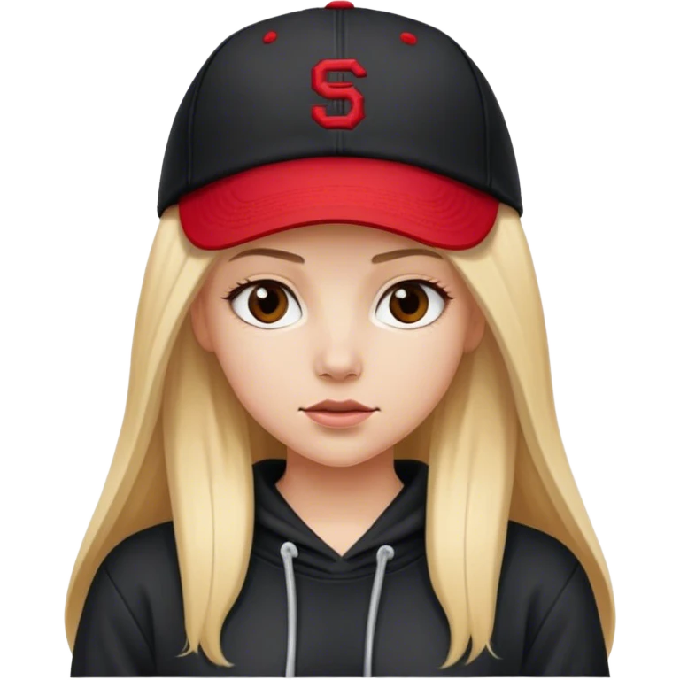 White girl with long straight blonde hair with a middle part wearing a black baggy hoodie with a red baseball cap on. Make hoodie black with no strings on it  emoji