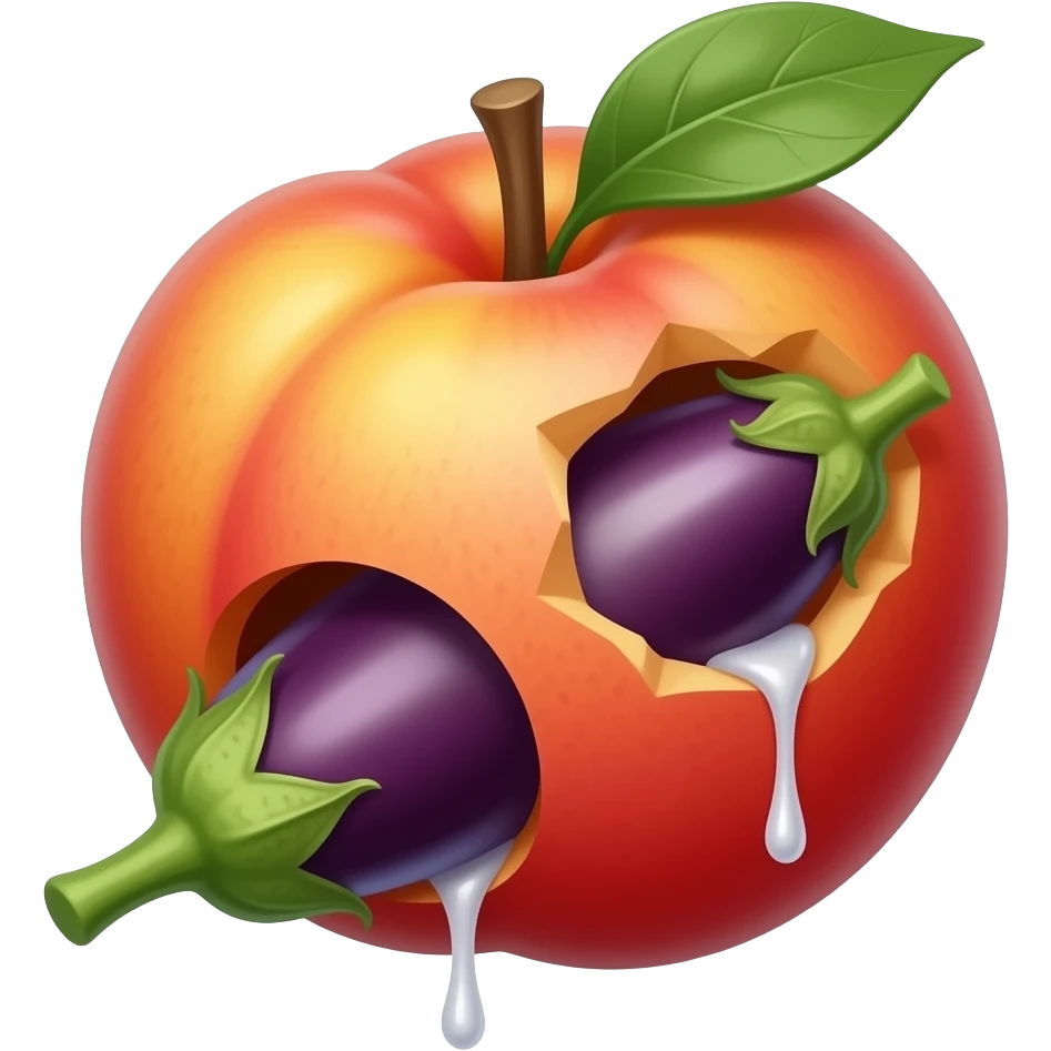 Eggplant going inside of peach towards the bottom and the peach has a hole dripping white stuff from it and the eggplant is vieny emoji