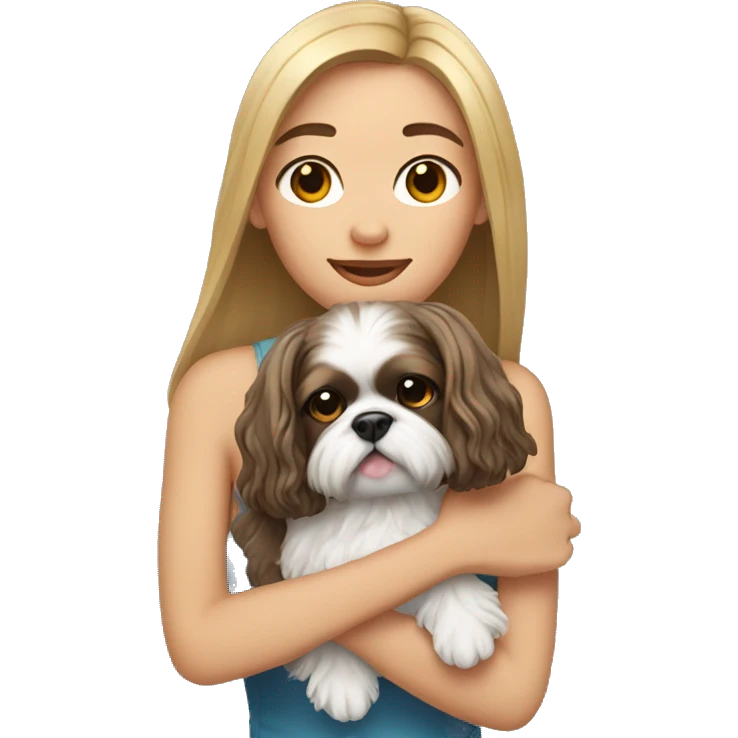 Young woman with a shih tzu in her arms long hair emoji