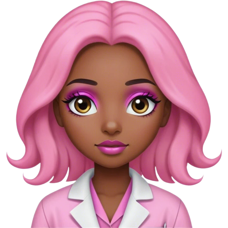 Black girl with long  hair is a scientist with pink lab coat and long eyelashes and has makeup on with short eyes emoji