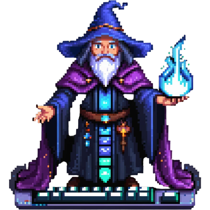 powerful wizard coding on a glowing magical keyboard, no laptop, mystical aura surrounding him, confident expression, looks like the ultimate boss of coding, wearing impressive dark robe emoji