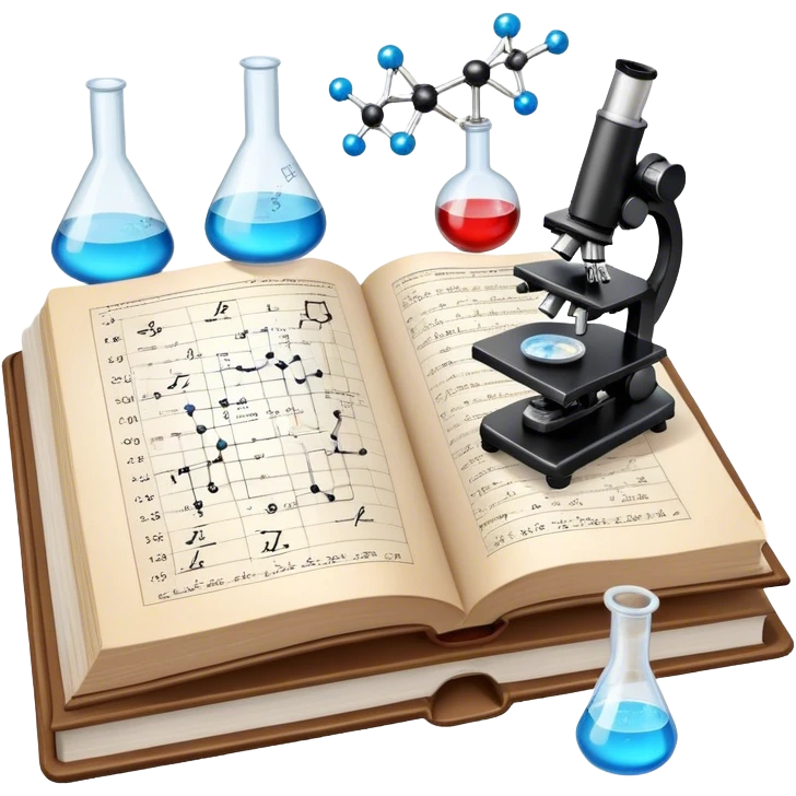 Icon for Scientific and Educational Reading: an open book with mathematical and physical formulas on the pages, with molecules and atoms flying out. On the desk are test tubes, flasks, and a microscope. Transparent background. emoji