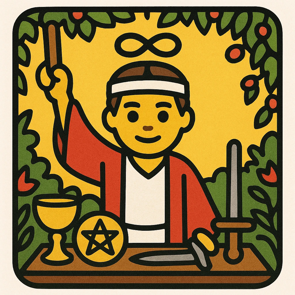 The Magician tarot card as an emoji, Rider Waite Smith style, with a confident magician, infinity symbol above his head, traditional tarot card colors and details emoji