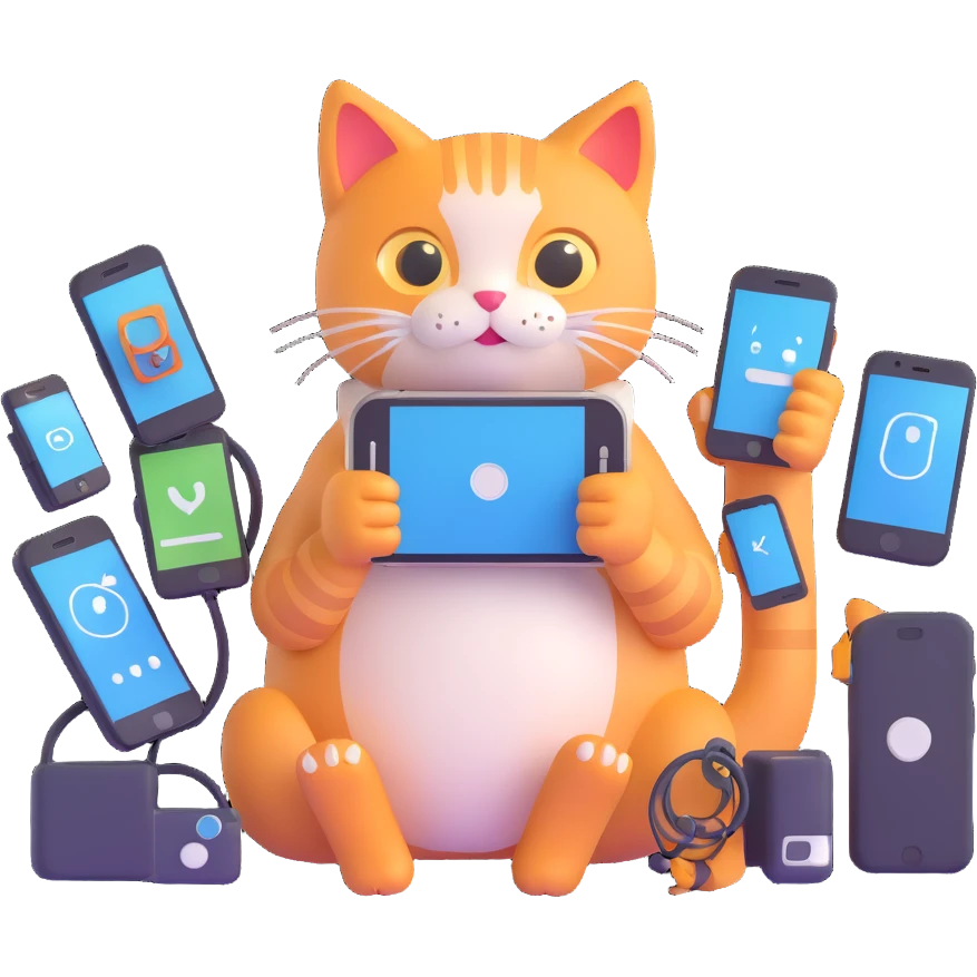 IT cat holding a smartphone surrounded by tech gadgets, friendly expression emoji