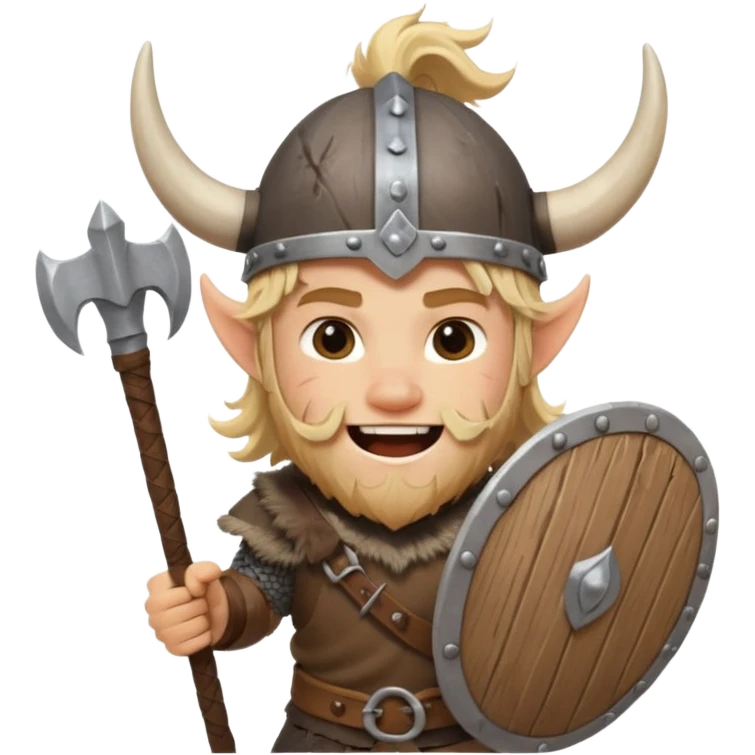 A young Viking warrior with messy blond hair, wooden shield, and fierce excited grin with horned helmet emoji