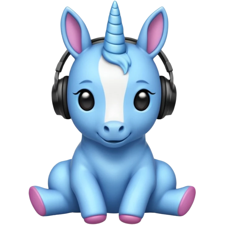 Unicornio bebé azul sentado escuchando música con auriculares negros emoji