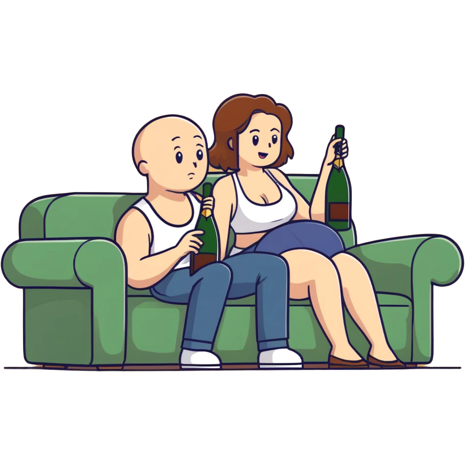 A bald man sitting on a couch. One Caucasian woman with brown hair, big boobs, wearing pants and a tank top, kneeling on the ground. Champagne bottle exploded. emoji