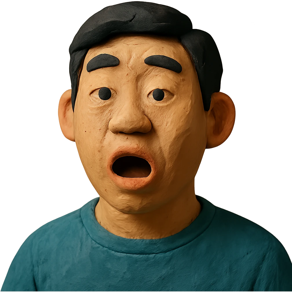 claymation style Asian man with a semi-open mouth emoji