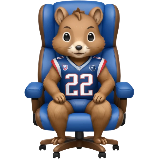 gaming chair with a squirrel sitting on it wearing patriots jersy emoji
