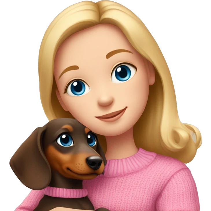 A girl with blue eyes in a pink sweater hugs a dachshund puppy emoji