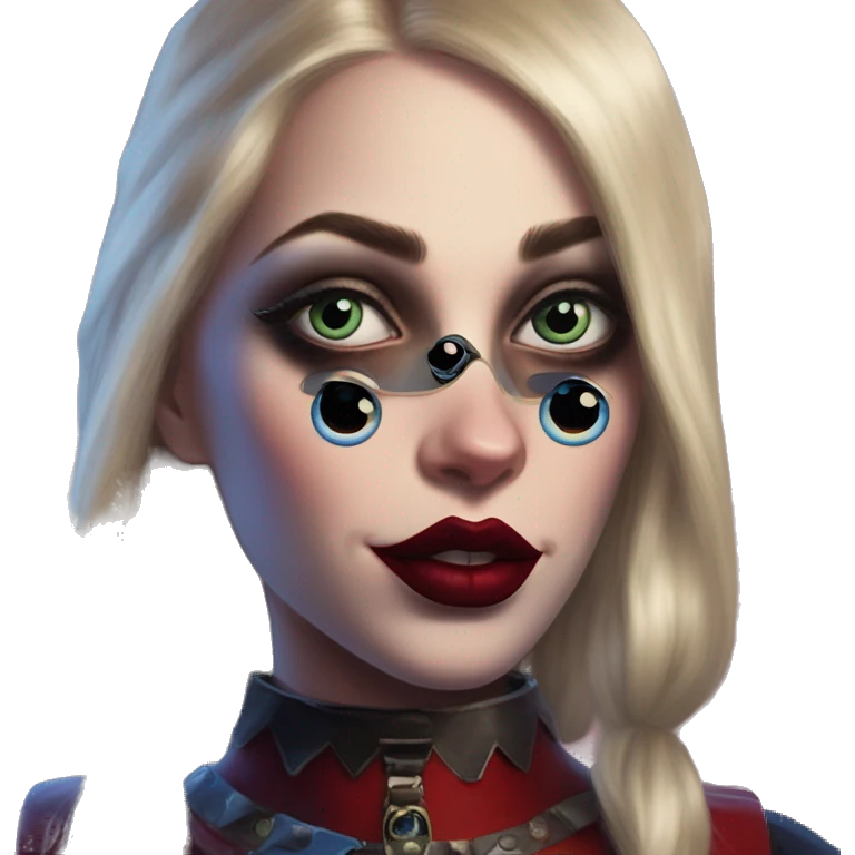 D&D gem collector in Harley Quinn style, oil paint, mysterious eyes, intricate lips, masterpiece portrait, odd perspective, beautiful, desirable, logical emoji