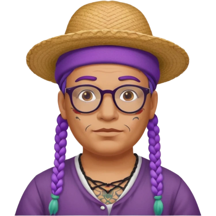 tattoed face, normal glassess, fat venice gondolier with iconic hat and purple braided hair emoji