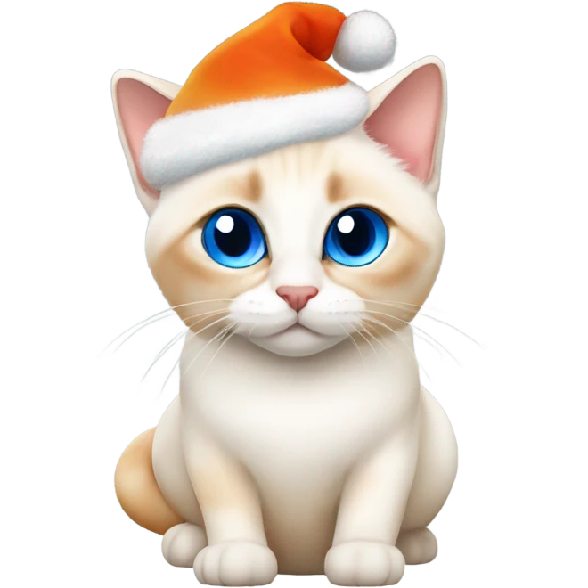 chubby flame point Siamese, white fur with orange accents and blue eyes wearing a red christmas hat  emoji