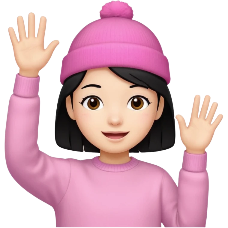 Kid in pink hat and jumper waving, blakc hair emoji